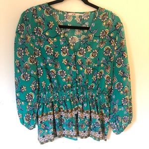 Mi Ami Medium Women’s Petite Blouse Cinched Waist Teal Floral Pattern